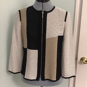 Ming Wang Perforated Cardigan Sweater Jacket Color Block Black Tan White…